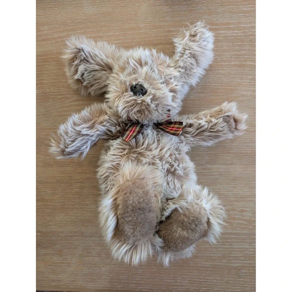Vintage Gund Shaggy Brown Dog Plush Plaid Bow Tie‎ Soft Stuffed Animal Puppy Toy
